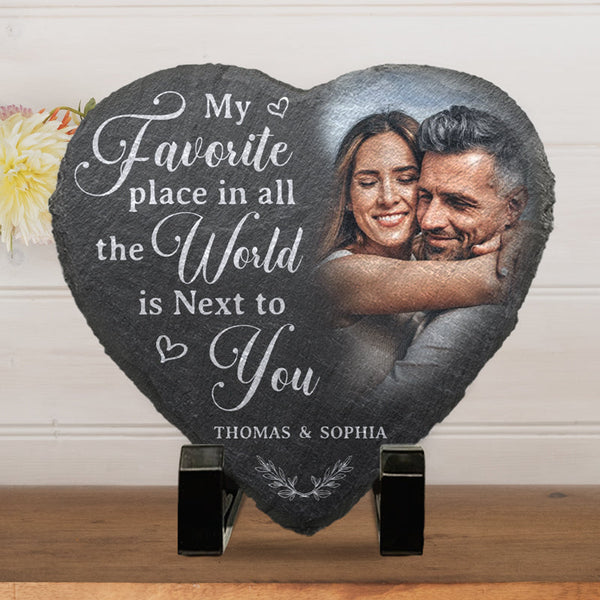 Custom Photo My Favorite Place In All The World Is Next To You - Couple Personalized Custom Heart Shaped Stone With Stand - Gift For Husband Wife, Anniversary