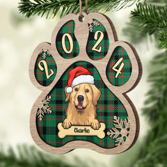 Personalized Custom Paw Shaped Wood Christmas Ornament - Dog, Cat And Snow - Plaid Buffalo Pattern - Customized Decoration Upload Image, Gift For Pet Lovers